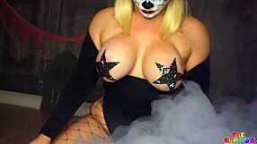 Multiple partners fill up a voluptuous woman in a Halloween costume