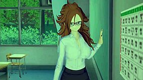 3D cartoon of Android 21 and Goku in a steamy classroom encounter