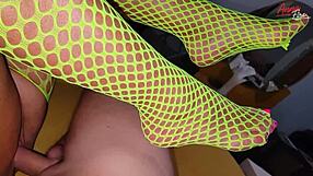 Yellow Mesh On Stepmom Drives Stepson Wild With Foot Fetish. He Can't Resist Her Feet!