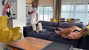 A pretty woman pleases herself and her partner with the help of new sex toys at home.