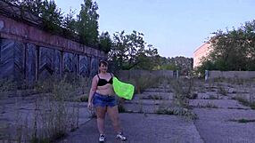 Amateur PAWG MILF strips outside, fetish clothing ripping