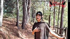 A gothic elf has sex in the woods.