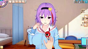 3D animation of big-breasted Satori Komeiji in a Hentai game called Eastern Project