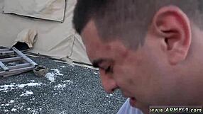 Straight men’s cocks hanging out while they give blow jobs in gay military setting