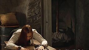 Femdom lesbian mistress enjoys head and finger worship from slaves