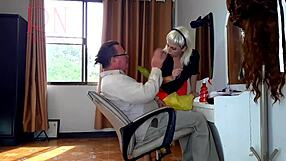 Hidden camera at a nudist barbershop records a woman undressing.