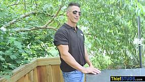 A bodybuilder security guard seduces and has sex with a teenager in the pool.