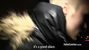 Shorthaired beauty sucks and fucks a big cock in public outdoors