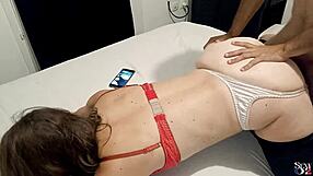 Clothed blonde amateur in satin outfit gives a deepthroat blowjob