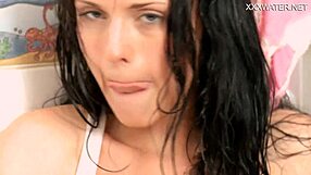 Big tits brunette babe cumming hard while bathing in pool