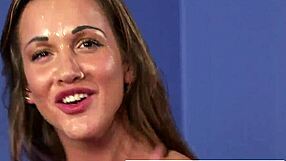 A tattooed British woman with large breasts wants to receive a facial and a handjob with cum on her face