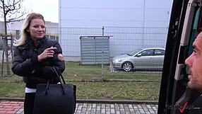 Skinny blond gets bent over for a rough treatment on the backseat of a car