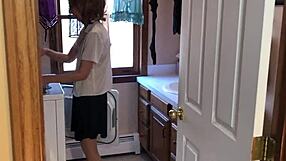 Damn! Sexy Milf Gives In to Neighbor Boy in Laundry Room!