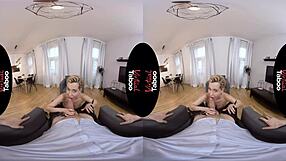 Virtual reality porn with a taboo theme featuring a shaved pussy babe