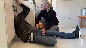 Hot wife gives deepthroat blowjob to a plumber in kitchen