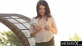 Petite American teen enjoys solo pleasure outdoors