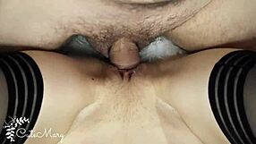 Close-up of a shaved pussy getting fucked by a monster cock