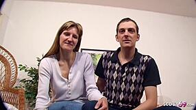 Small-titted German wife gets a hardcore 3some