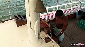 A petite brown Brazilian teen named Jessica enjoys rough anal sex on a boat trip