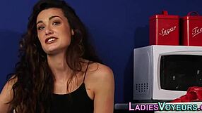 Brunette beauty in CfnM scene humiliates naked tugging pervert