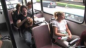 Public transportation becomes a playground for a chestnut-haired beauty and her BDSM lovers