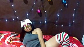 Indian MILF enjoys Christmas solo play with dildo and toys