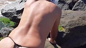 Hot shemale in panties at the beach, gay fun at its best