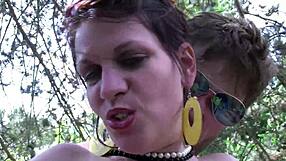 A French brunette in a bikini has sex with three men in the garden