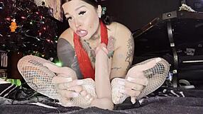 Femdom fishnet foot worship with deepthroat and dirty talk