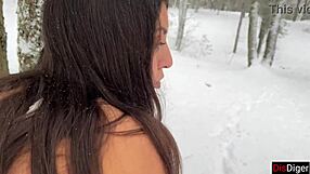 Young woman wants to have sex in the woods in winter on public place