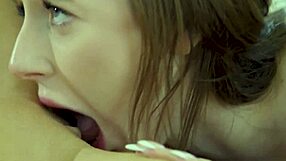 Busty Brunette Lesbo Licks Blonde Friend's Shaved Pink Pussy