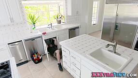 Small boobed teen gets a facial in a spit roast threesome