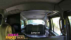 Hot girls share a huge toy in a realistic taxi scene