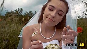 Pretty brunette bride cheats with horny shepherd outdoors