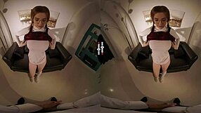 Red hair beauty gets her panties off in a dark room VR experience