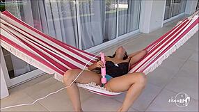 Skinny blonde gets off with a toy and herself