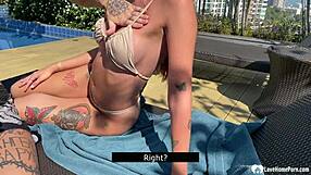 Amateur with a smooth pussy gets a poolside blowjob and fuck