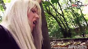 Chubby housewife gets her tits out and fucked outdoors