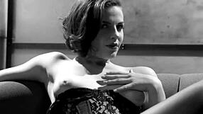 Bobbi wears a corset and stockings while she pleases herself