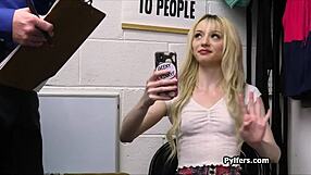 Young blonde shopgirl caught in the act by the mall security guard