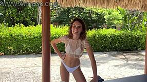 Backstage fun with a beautiful woman in a mini bikini playing beer pong and strip game