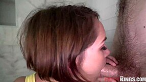 Natalie Porkman, a skinny teen gives a deepthroat blowjob
