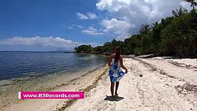 Young Asian couple’s public beach oral sex scene
