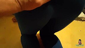 A farm girl in blue leggins has sex near the stove