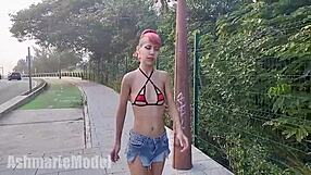 Public hairy micro bikini try-on and fetish display