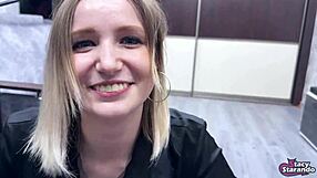 A beautiful blonde gives a great blowjob to a lucky couple