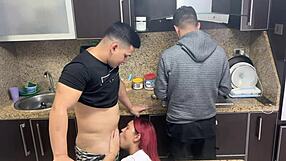 Wife and husband cooking together while friend seduces her