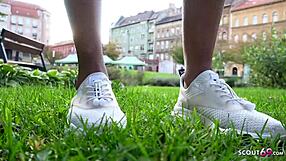 Shy German teen Emma gets tricked into public sex
