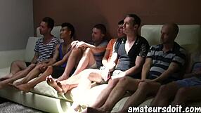 Skinny twink gets spit and cock in mouth in orgy