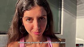 Skinny brunette gets covered in cum while shopping outdoors